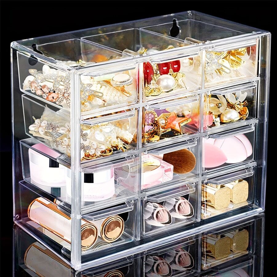 1pc Transparent 12-Compartment Hair Accessories Storage Box, Dustproof Drawer-Type Organizer For Desktop Jewelry And Various Small Items Storage Hair Clips Makeup Organizer - Clear - View 1