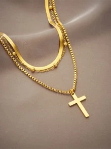 1pc Multilayer Cross Pendant Titanium Steel Chain Necklace - Gold - View 2