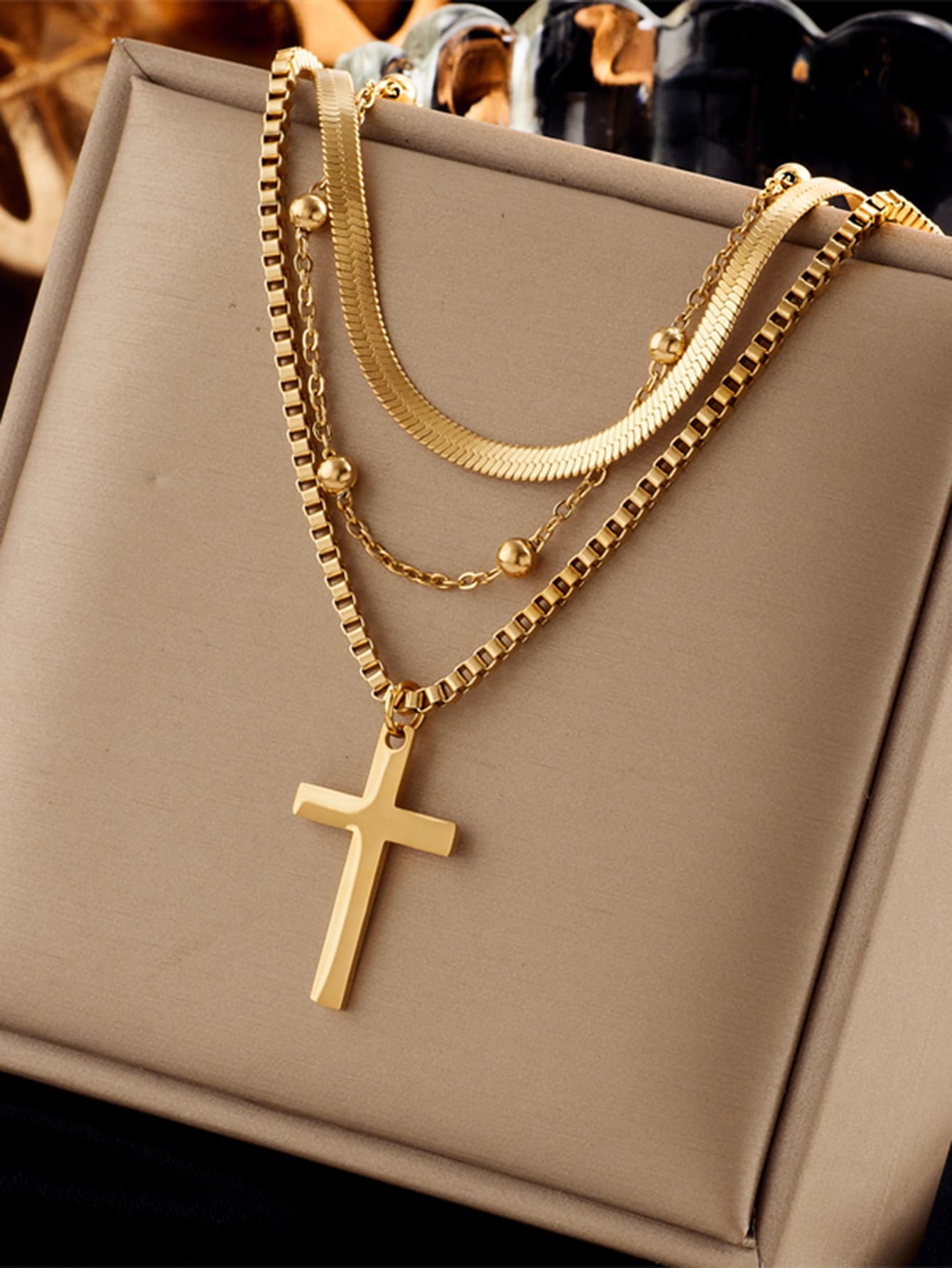 1pc Multilayer Cross Pendant Titanium Steel Chain Necklace - Gold - View 1