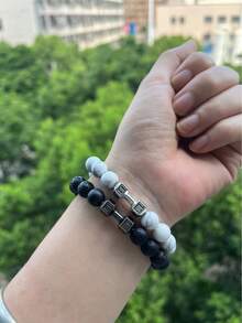 2 cái/bộ Đơn giản Retro Đen & Trắng Barbell Hình dạng Ly Hạt Vòng đeo tay cặp đôi - Nhiều màu - Xem 3