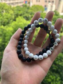 2 cái/bộ Đơn giản Retro Đen & Trắng Barbell Hình dạng Ly Hạt Vòng đeo tay cặp đôi - Nhiều màu - Xem 1