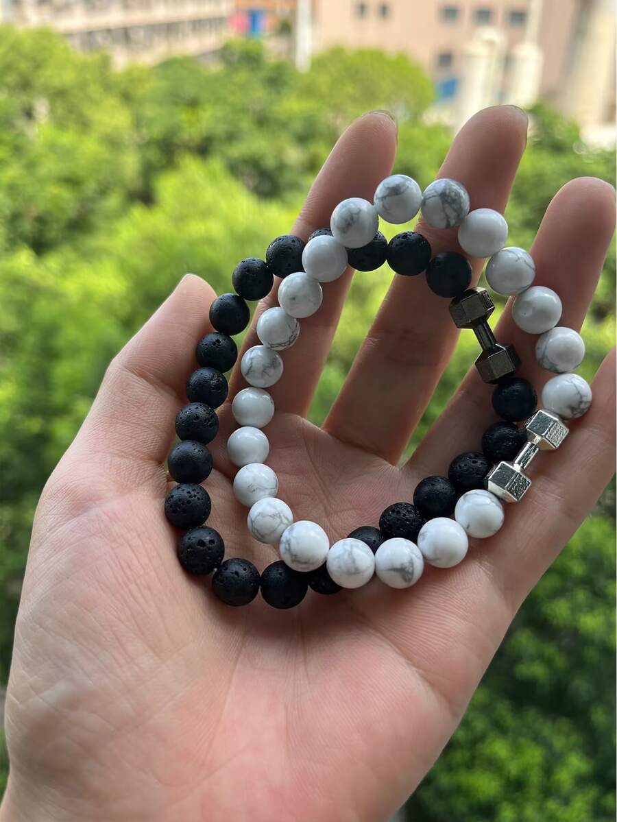 2 cái/bộ Đơn giản Retro Đen & Trắng Barbell Hình dạng Ly Hạt Vòng đeo tay cặp đôi - Nhiều màu - Xem 1