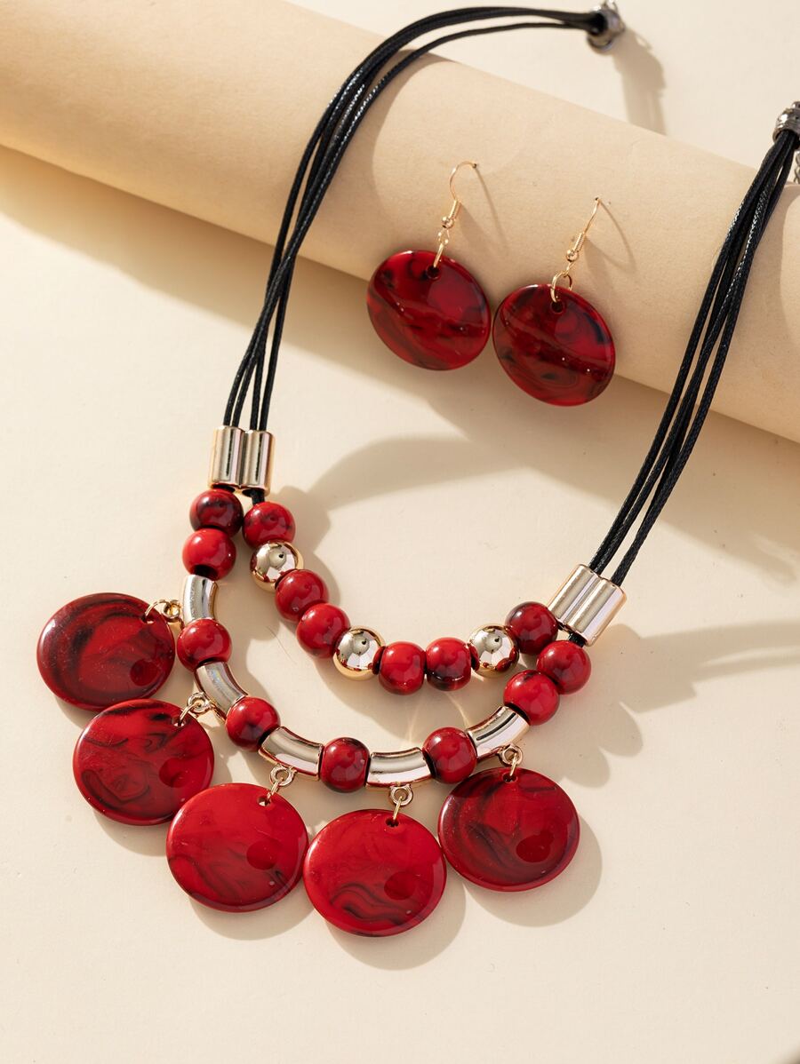 3入組/套時尚圓形裝飾首飾套裝適合女士日常裝飾 - 紅色 - 查看 1