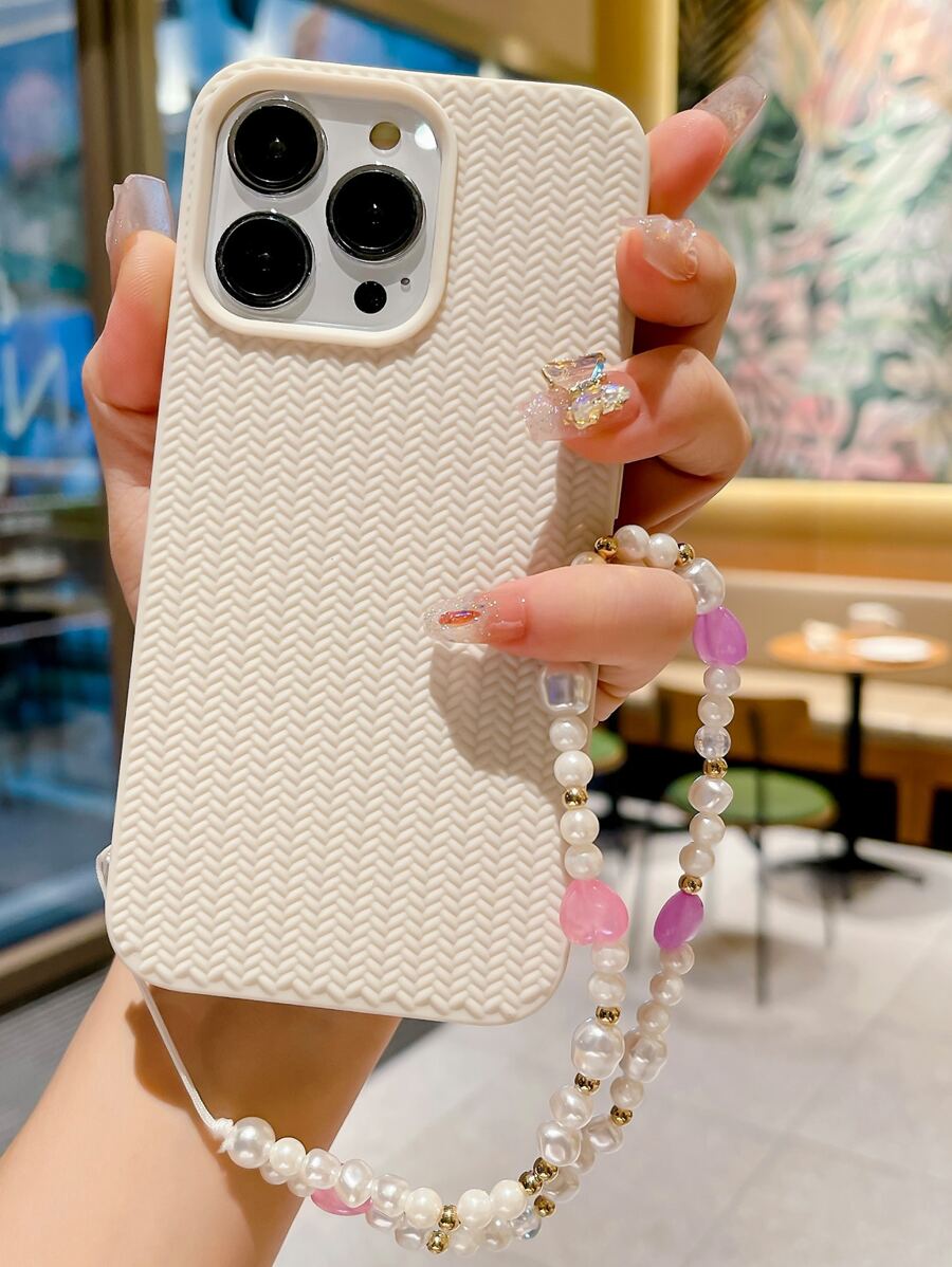 Woven Pattern Phone Case With Lanyard - Beige - View 1