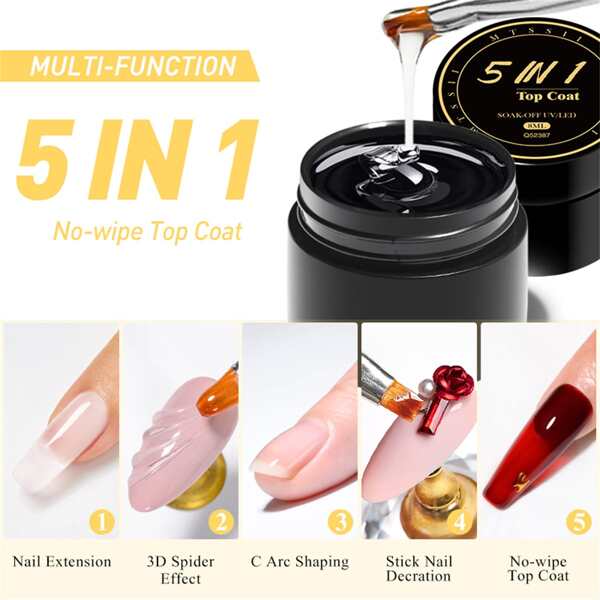 5 In1 Glue Gel Reinforcement Gel No Wipe Top Coat Manicure UV LED Soak Off Function Nail Gel Varnish 3D Chrome Design