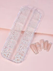 12 Lưới Hộp Hình Quả Bóng Trắng Trang Trí Móng Tay Giả Ngọc Trai - trắng - Xem 1