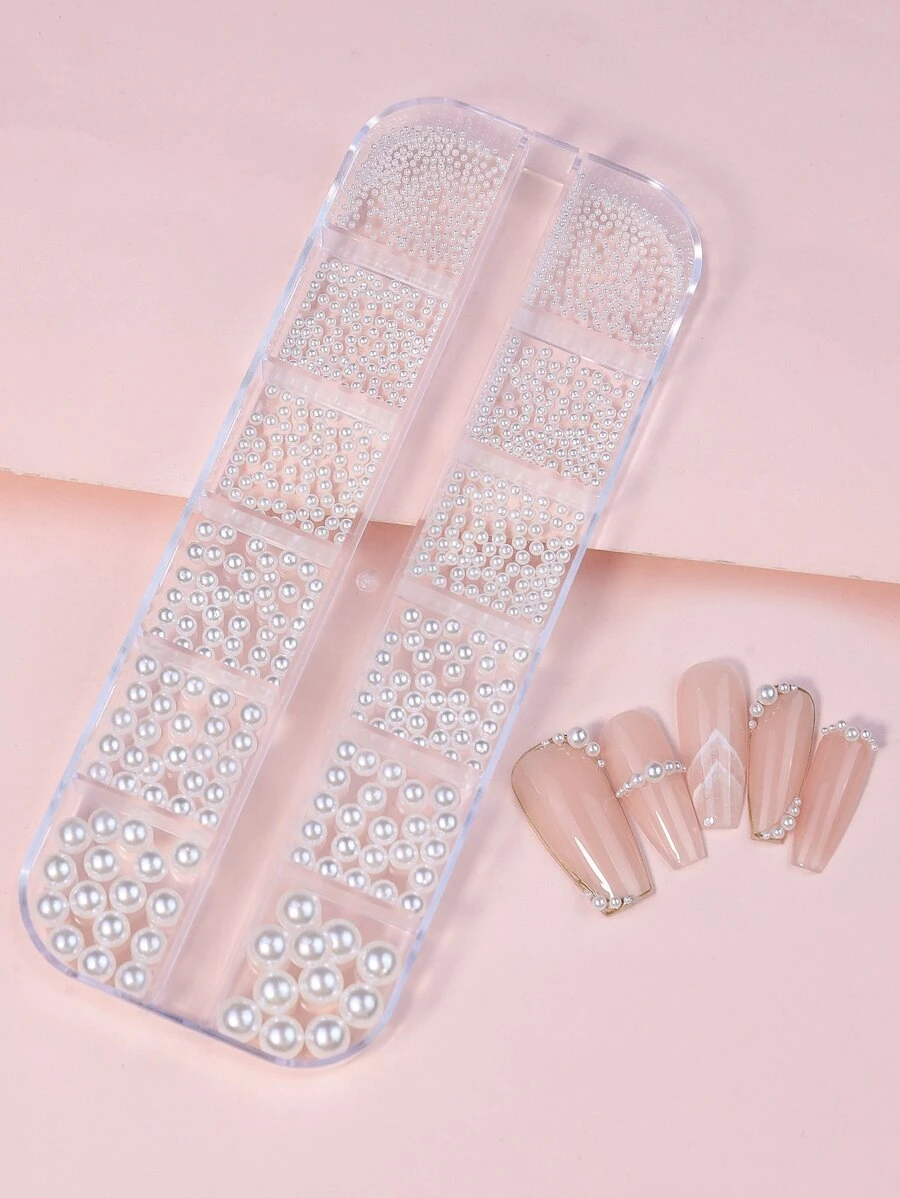 12 Lưới Hộp Hình Quả Bóng Trắng Trang Trí Móng Tay Giả Ngọc Trai - trắng - Xem 1