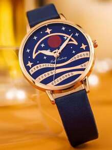 1pc Women Navy Blue PU Polyurethane Strap Casual Round Dial Quartz Watch, For Daily Life - Blue - View 1