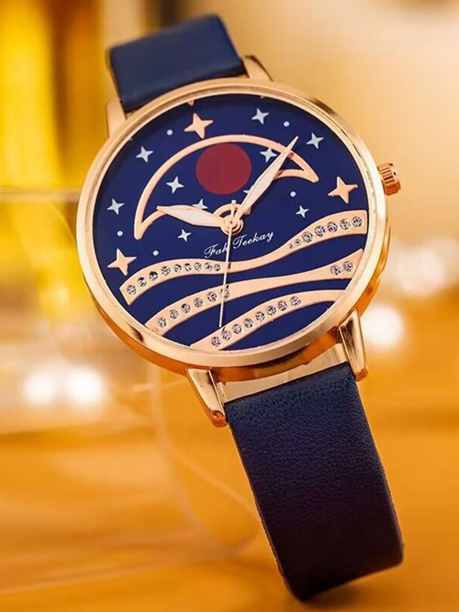 1pc Women Navy Blue PU Polyurethane Strap Casual Round Dial Quartz Watch, For Daily Life - Blue - View 1