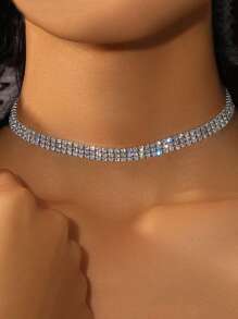 1pc Women's Silver Color 3-Row Sparkling Zirconia Diamond Necklace, Ideal For Vacation Or Evening Party