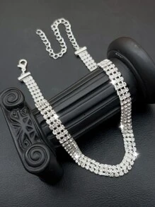 1pc Women's Silver Color 3-Row Sparkling Zirconia Diamond Necklace, Ideal For Vacation Or Evening Party