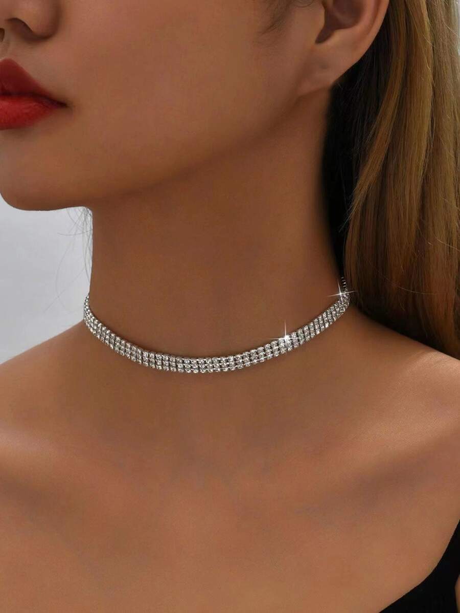 1pc Women's Silver Color 3-Row Sparkling Zirconia Diamond Necklace, Ideal For Vacation Or Evening Party