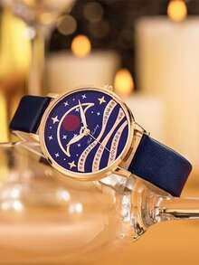 1pc Women Navy Blue PU Polyurethane Strap Casual Round Dial Quartz Watch, For Daily Life - Blue - View 2