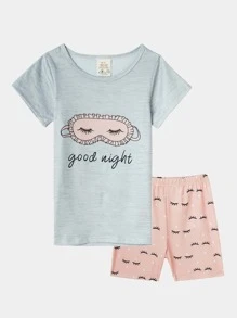 2pcs/set Tween Girls' Cute Printed Short Sleeve Pyjamas With Eye Mask, Summer Slim Fit Comfortable Homewear Outfit - Grey - View 1