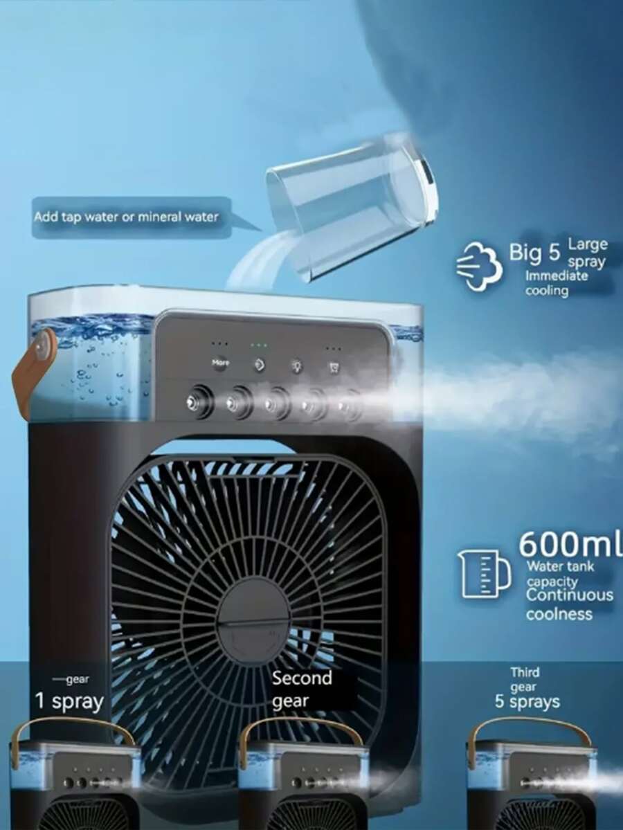 帶噴水、USB端口和加濕器冷卻風扇，5入組葉片，適合家庭/辦公室使用 - 黑色 - 查看 1