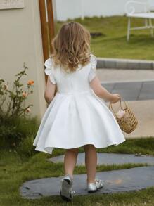 Vestido blanco formal corto para niña joven con mangas de globo satinado para bodas, fiestas de cumpleaños - Blanco - Ver 2