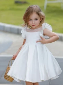 Vestido blanco formal corto para niña joven con mangas de globo satinado para bodas, fiestas de cumpleaños - Blanco - Ver 3