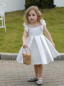 Vestido blanco formal corto para niña joven con mangas de globo satinado para bodas, fiestas de cumpleaños - Blanco - Ver 5