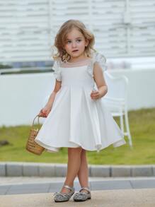 Vestido blanco formal corto para niña joven con mangas de globo satinado para bodas, fiestas de cumpleaños - Blanco - Ver 1