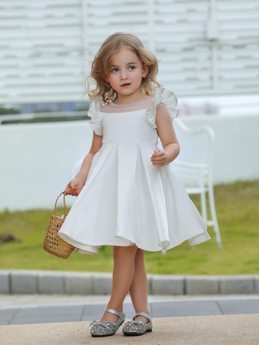Vestido blanco formal corto para niña joven con mangas de globo satinado para bodas, fiestas de cumpleaños - Blanco - Ver 1