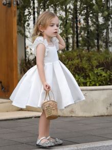 Vestido blanco formal corto para niña joven con mangas de globo satinado para bodas, fiestas de cumpleaños - Blanco - Ver 4