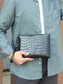 Black Clutch Bag Crocodile Embossed Pu Leather Waterproof Zipper Clutch Bag Fashion Wrist Bag Men's Business Bag Suitable For Men's Daily Commute - Black - View 1