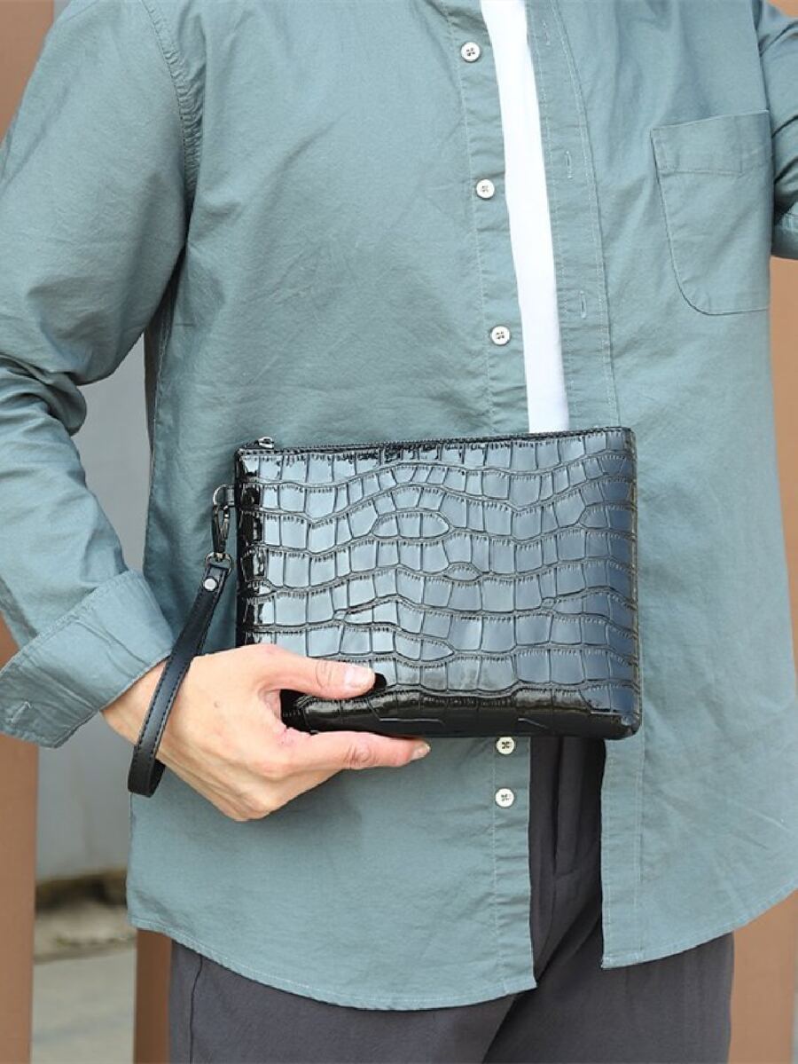 Black Clutch Bag Crocodile Embossed Pu Leather Waterproof Zipper Clutch Bag Fashion Wrist Bag Men's Business Bag Suitable For Men's Daily Commute - Black - View 1