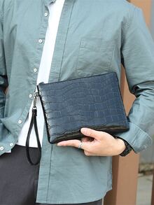 Black Clutch Bag Crocodile Embossed Pu Leather Waterproof Zipper Clutch Bag Fashion Wrist Bag Men's Business Bag Suitable For Men's Daily Commute - Black - View 2