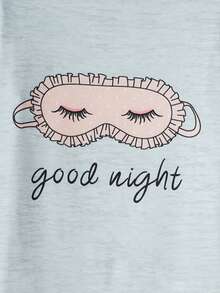 2pcs/set Tween Girls' Cute Printed Short Sleeve Pyjamas With Eye Mask, Summer Slim Fit Comfortable Homewear Outfit - Grey - View 3