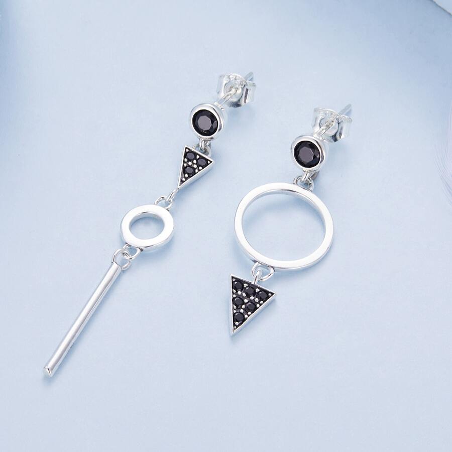 1 Pair 925 Sterling Silver Black Cubic Zirconia Asymmetrical Earrings, Unisex Crystal Stud Earrings Gift, 2 Colors Available