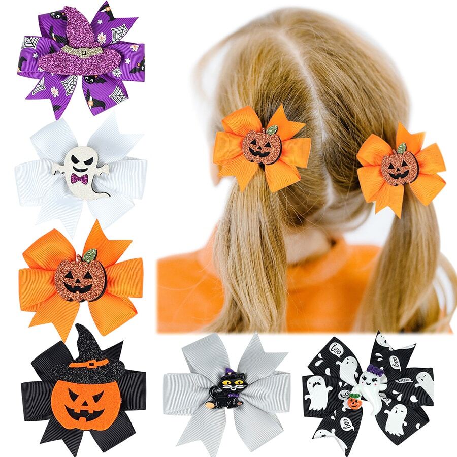 6 cái/bộ Halloween Quả bí ngô Mũ & Mũ phù thủy & Nơ Kẹp tóc - Nhiều màu - Xem 1