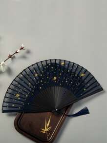1 件随机星空折扇，家居装饰竹扇，夏季便携式折叠扇，带铝箔设计，适合女性 - 黑色 - 查看 2