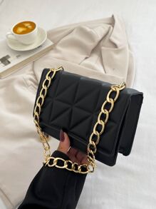 Mini Solid Color Embossed Geometric Flap Shoulder Bag With Simple Metallic Chain Decoration