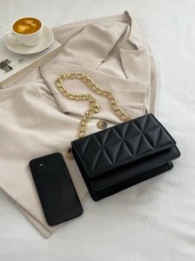 Mini Solid Color Embossed Geometric Flap Shoulder Bag With Simple Metallic Chain Decoration