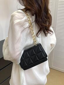 Mini Solid Color Embossed Geometric Flap Shoulder Bag With Simple Metallic Chain Decoration
