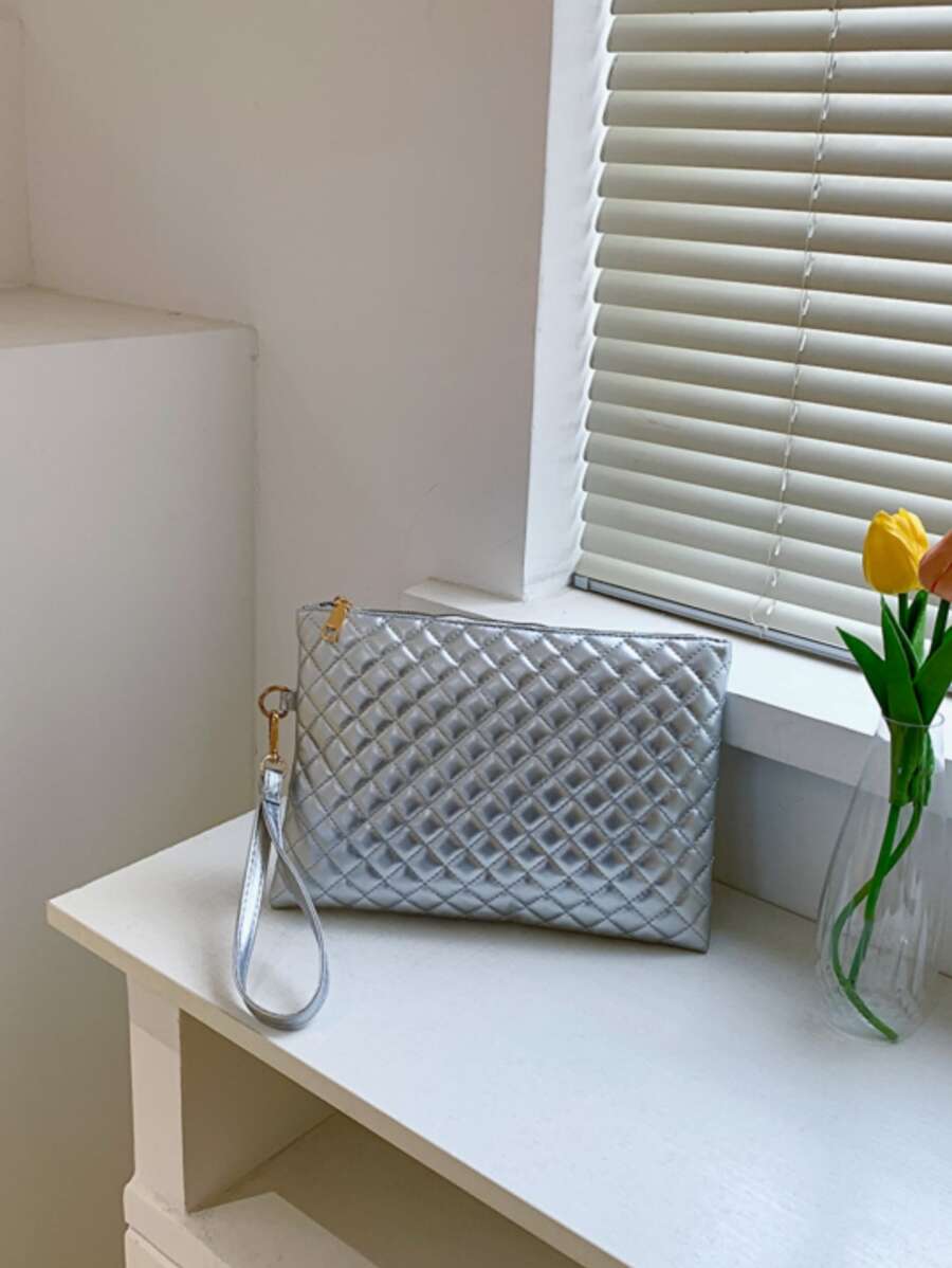 HELLO WEEKEND de mujeres de moda unicolor Sobre Bolso clutch con puntada detalle para exterior & desplazamiento - Plateado - Ver 1