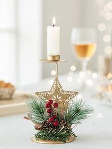 1pc Christmas Candlestick Iron Metal Ornaments Snowflake Star Decoration Santa Candle Holder Xmas Table Party Dinner Decor Gifts - Gold - View 7