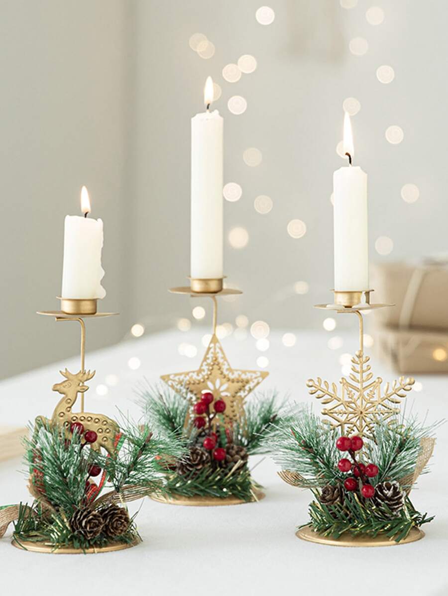 1pc Christmas Candlestick Iron Metal Ornaments Snowflake Star Decoration Santa Candle Holder Xmas Table Party Dinner Decor Gifts - Gold - View 1