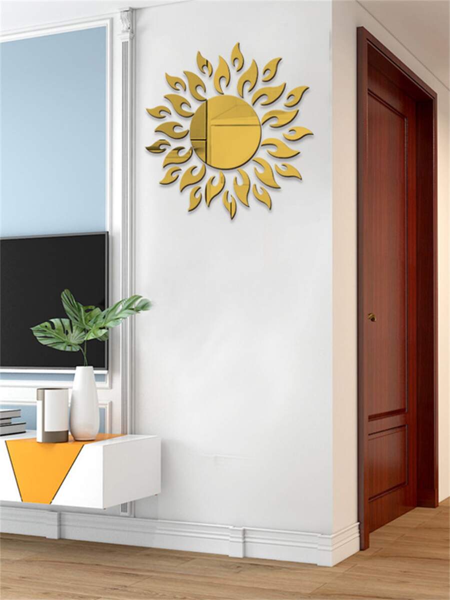 1 set diseño de sol Pegatina de pared de espejo , adhesivo decorativo Espejo para casa adorno - Dorado - Ver 1