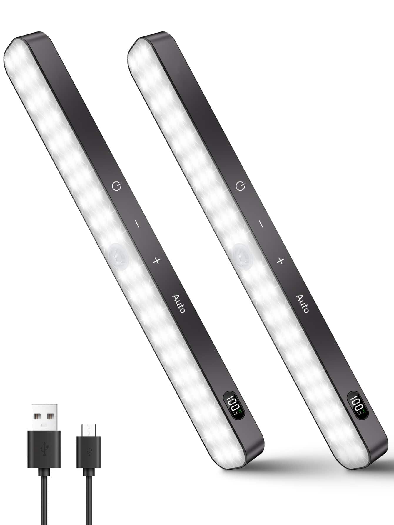 WILLED 2pcs Motion Sensor Cabinet Light Battery Display 60 LED Touch Light Bar Wireless Rechargeable Battery Night Light - Black - View 1