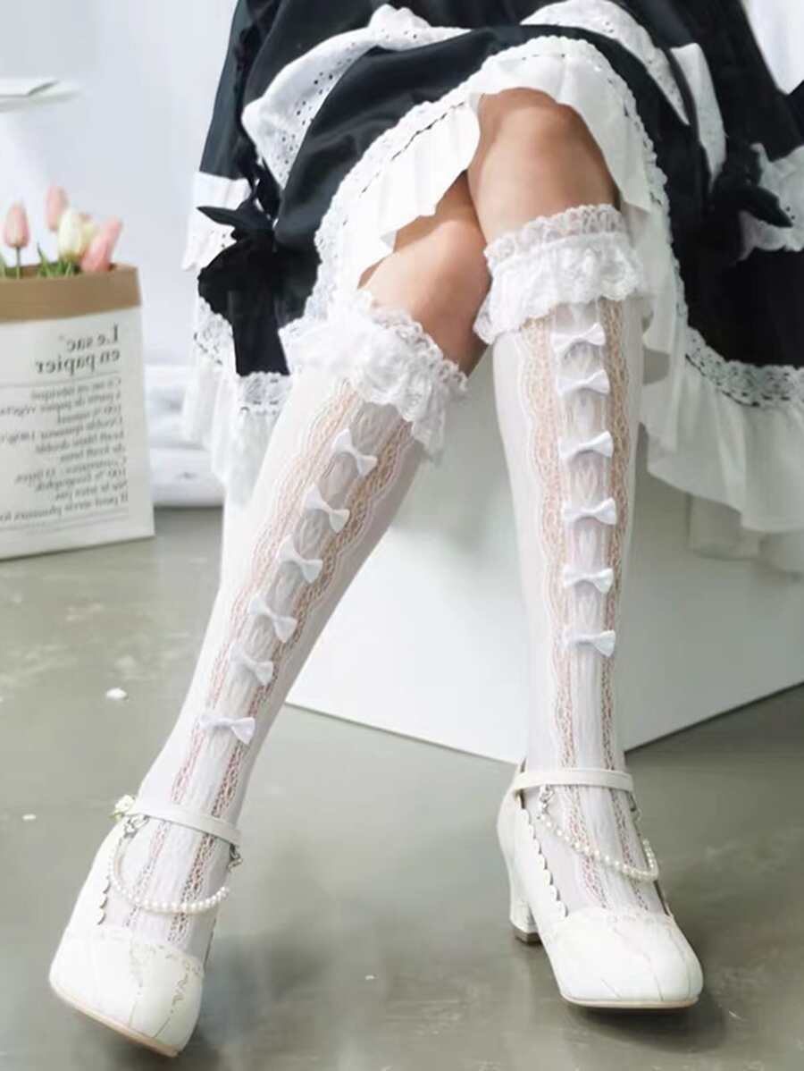 Calcetines altos con diseño de lazo ribete con fruncido - Blanco - Ver 1