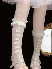 Calcetines altos con diseño de lazo ribete con fruncido - Blanco - Ver 2