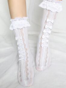 Calcetines altos con diseño de lazo ribete con fruncido - Blanco - Ver 3