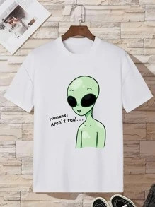 MURAMASA Hombres Camiseta con letra con con estampado de extraterrestre - Blanco - Ver 2
