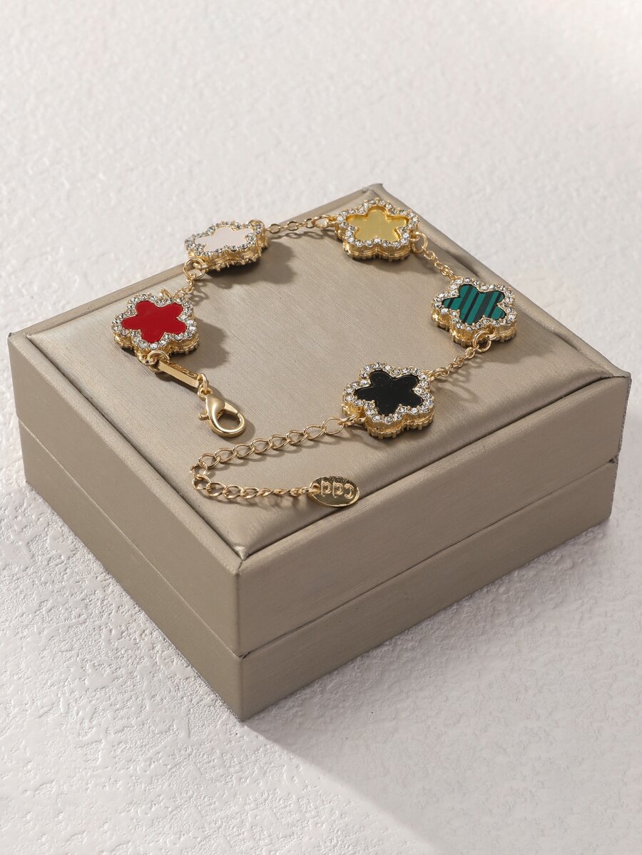 Single Five-Leaf Clover Multicolor Rhinestone Inlaid Fashionable Elegant High-End Women's Bracelet (No Packaging Box) - Multicolor - View 1