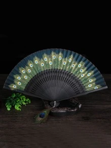 QYeah 1pc Foldable Peacock Feather Fan, Elegant Ladies' Silk Fan, Dancing Fan, Female Handheld Fan - Green - View 1