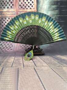 QYeah 1pc Foldable Peacock Feather Fan, Elegant Ladies' Silk Fan, Dancing Fan, Female Handheld Fan - Green - View 3