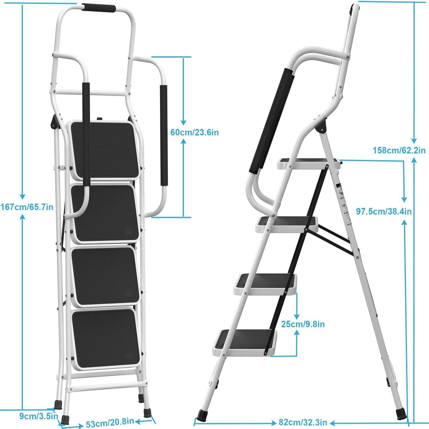 4 Step Ladder with Handrails Folding Step Stool with Attachable Tool ...