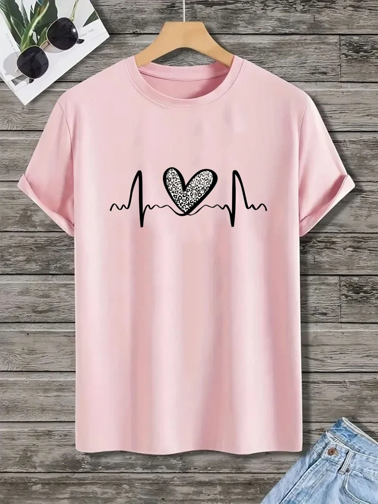 MURAMASA Camiseta de cuello redondo con estampado de corazón, camisetas gráficas con estampado de guepardo para mujer - Rosa - Añade 5