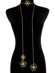 1入組復古優雅長款金屬質感花朵墜飾項鍊適用於女性派對穿戴 - 金黃色 - 查看 4